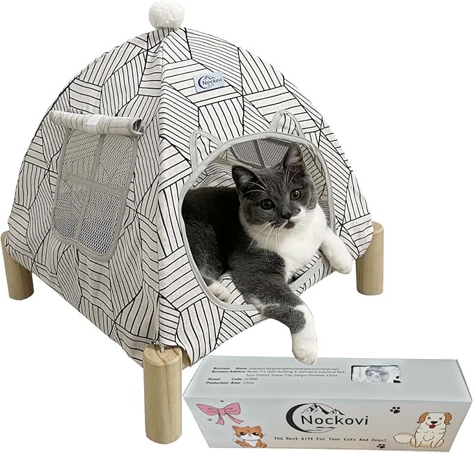 2-in-1 Elevated Cat Tent Cat House, Quick Assembly and Disassembly, Portable Indoor/Outdoor Cute Cat Bed Cave-White Diamond Pattern-PawvioPets