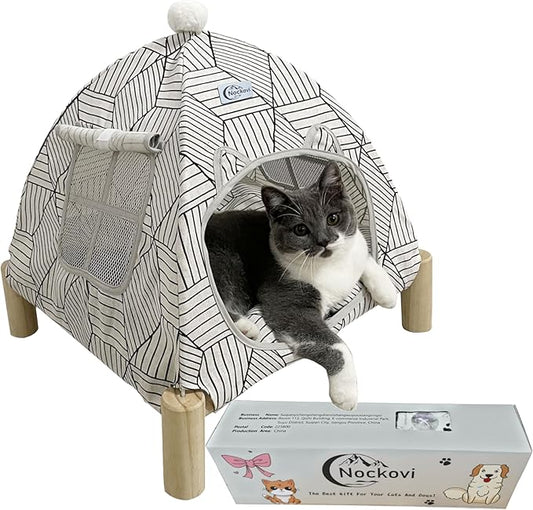 2-in-1 Elevated Cat Tent Cat House, Quick Assembly and Disassembly, Portable Indoor/Outdoor Cute Cat Bed Cave-White Diamond Pattern-PawvioPets