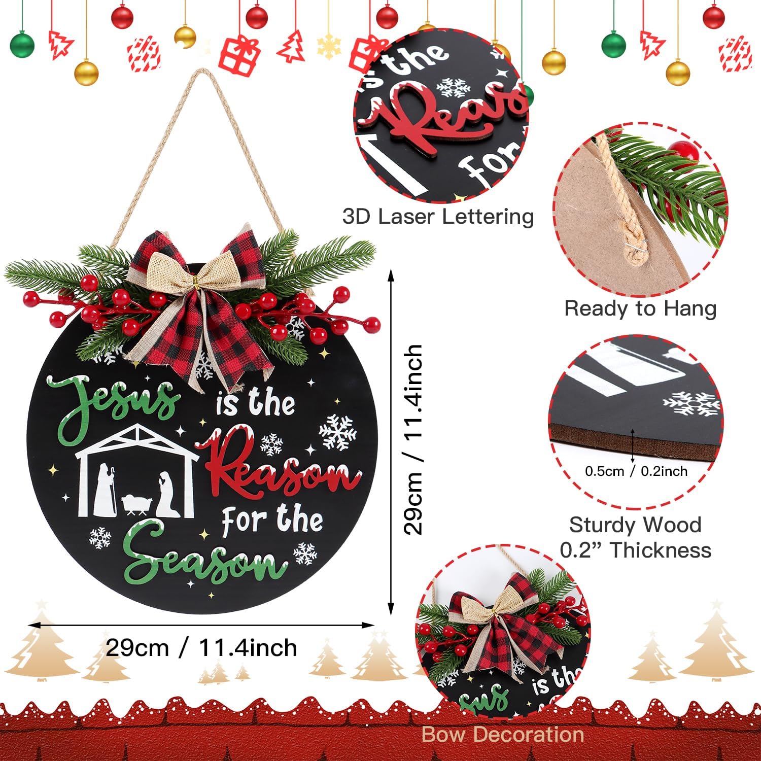CHDITB Jesus is The Reason for The Season Front Door Sign Wreath(11.4"), Red Green Christmas Decoration Wall Hanging with Snowflakes Bow Berries, Wooden 3D Farmhouse Xmas Decor for Porch Indoor