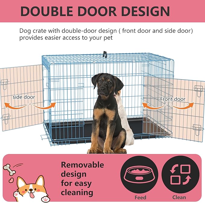 FDW Dog Crate for Large Dogs 48 Inch Folding Metal WirePet Cage Double Door W/Divider Panel Indoor Outdoor Kennel Leak-Proof Plastic Tray,Blue-PawvioPets
