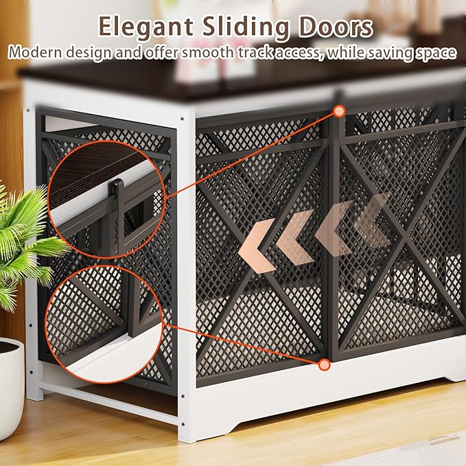 COZPAW 78 Inch Double Dog Crate Furniture, Extra Large Dog Kennel Indoor for Medium Large 2 Dogs, Heavy Duty Dog Cage Chew-Resistant Steel and Wooden Pet House with Removable Divider (White Brown)-PawvioPets