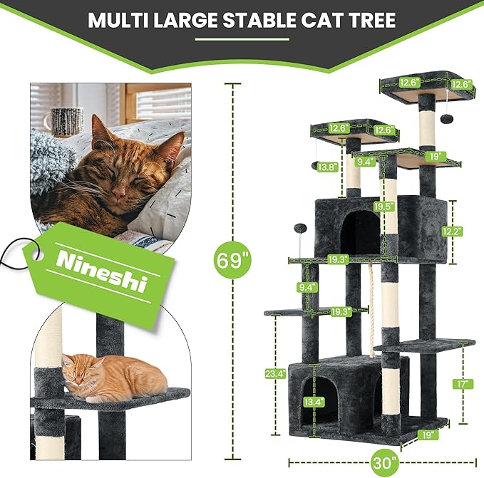 69in Large Cat Tree Tower for Indoor Cats with Soft Plush Hang Ball, Two Condos, Sisal Scratch Posts & Rope Play for Kittens/Adult Cats, Deep Grey-PawvioPets