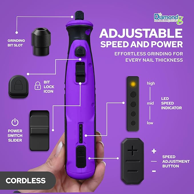 Diamondg Cordless Dog Nail Grinder with Quiet Sound & LED Tip for Large & Small Dogs, 4hrs. Runtime - Electric Dog Nail Trimmer, Heavy Duty Rotary Tool Alternative to Toenail Clippers & Filers-PawvioPets