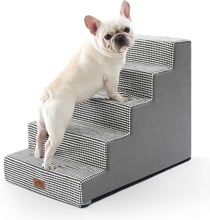 Dog Stairs for Small Dogs, 5 Tier Wider Pet Stairs for High Beds, 23.6" H Non-Slip Dog Steps for Old Cats, Puppies, Small Medium Dogs, 29.5x19.7x23.6 inch, White Black-PawvioPets
