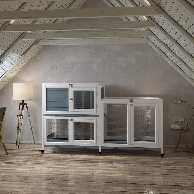 GDLF Two Floors 58" Wooden Indoor Bunny Hutch Rabbit Cage on Wheels Guinea Pig PET House for Small to Medium Animals Waterproof No Leak Tray-PawvioPets