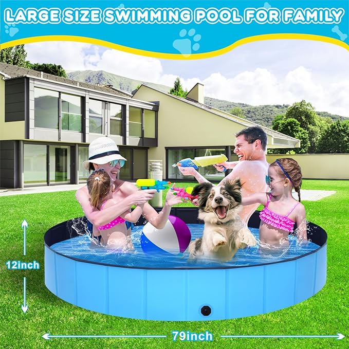 Foldable Dog Pool - 79" x 12" Anti-Slip Portable Dog Swimming Pool, Hard Plastic Collapsible Kiddie Pool for Outdoor and Indoor for Pets Dogs Cats and Kids-PawvioPets