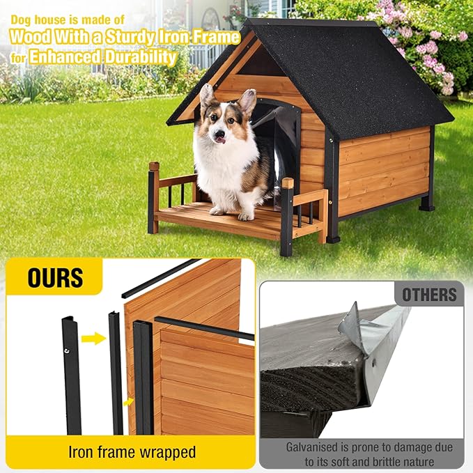AIVITUVIN Dog House Outdoor Anti-Bite Metal Frame Design Wooden Dog Kennel Outside with Elevated Floor Weatherproof (Brown, 45" D x 32.9" W x 32.6" H)-PawvioPets