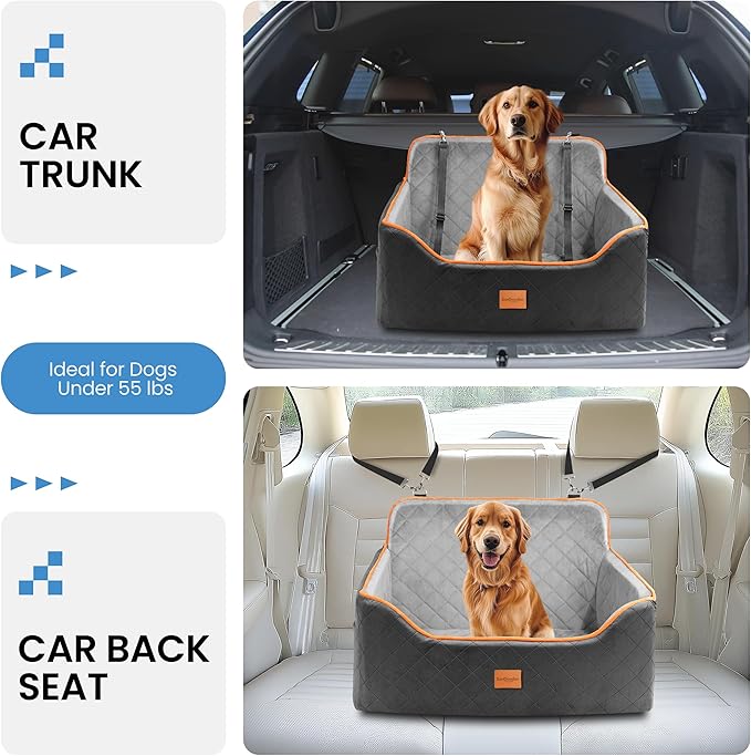 Dog Car Seat for Medium Dogs - Pet Car Seat with 2 Safety Straps & Waterproof Padding, Portable Pet Carrier for Cars, Trucks & SUVs, Comfortable Booster Bed for Pets Up to 55lbs (Black/Grey)-PawvioPets