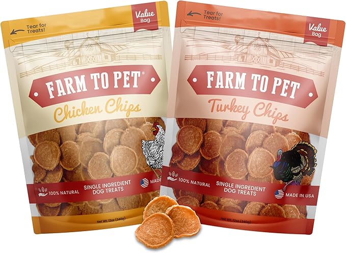 Farm To Pet - Dog Treats Chicken & Turkey Chip Protein Value Pack, 100% All Natural, Single Ingredient Training Treats, Made in USA, for Small, Medium, and Large Dogs-PawvioPets