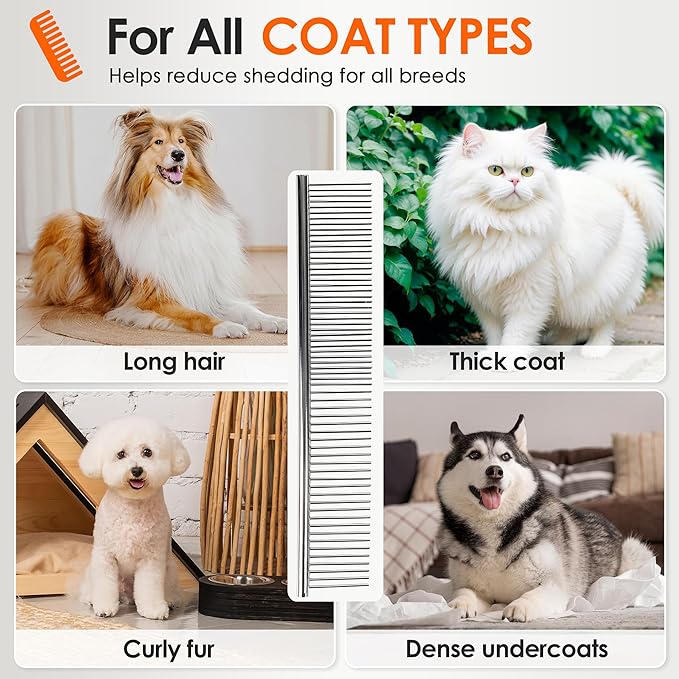 Dog Comb to Remove Tangles and Knots, Cat Comb with Stainless Steel Teeth and Non-Slip Handle, Dog combs for grooming matting for Long Haired Pets (Large & Small)-PawvioPets