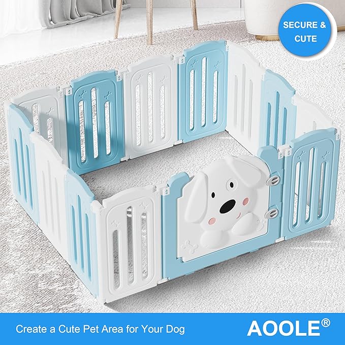 Foldable Dog Play Pen Indoors, Non-Slip Sturdy Puppy Playpen with Door, 25.5" H 12-Panel Adjustable Shape Dog Fence Pen for Small/Medium Dogs, Thickened, Easy to Store, White+Blue-PawvioPets