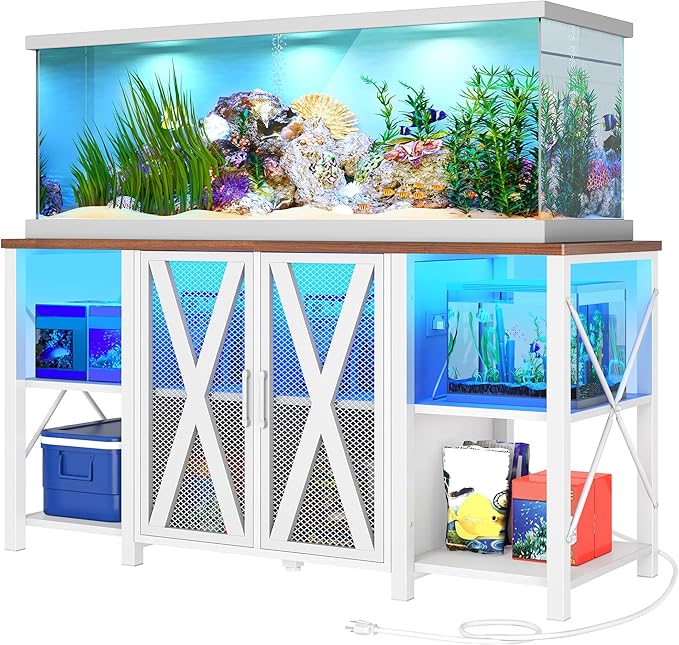 DWVO 75-120 Gallon Aquarium Stand with Power Outlet & LED Light, Cabinet for Accessories Storage - Heavy Duty Metal Fish Tank Stand Suitable for Turtle Tank, Reptile Terrarium, 2000LBS Capacity, White-PawvioPets