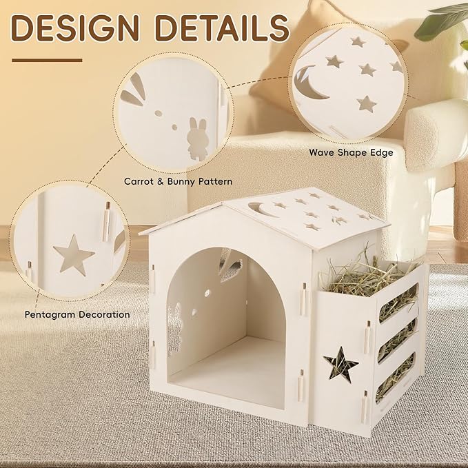 Extra Large Rabbit House & Rabbit Hay Feeder, Indoor Bunny Hideout with Feeder, Small Animal Houses & Habitats and Guinea Pig Hay Feeder-PawvioPets