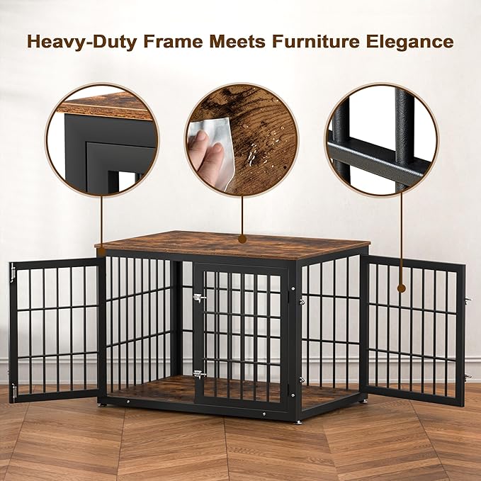 42 Inch Heavy Duty Dog Crate Furniture for Large and Medium Dogs, Decorative Pet House End Table, Wooden Cage Kennel Furniture Indoor, Rustic Brown-PawvioPets