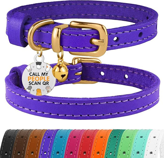 BRONZEDOG Leather Cat Collar with Removable Bells Non Breakaway Kitten QR Tag for Girl Boy (9" - 12" Cats/Mini Dogs, Purple & Gold)-PawvioPets