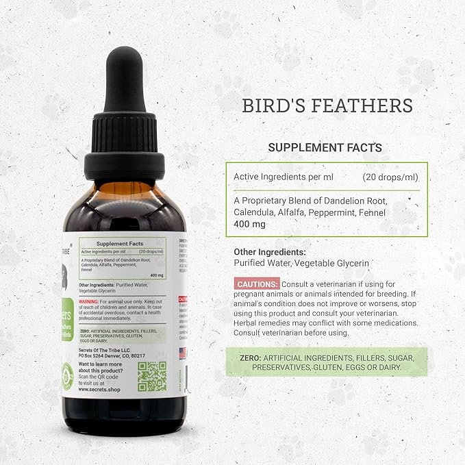 Birds Feathers | Natural Herbal Dietary Pet Supplement for Birds | Support Healthy Feathers | Alcohol-Free Extract, Dandelion Root, Calendula, Alfalfa, Peppermint, Fennel 2 oz-PawvioPets