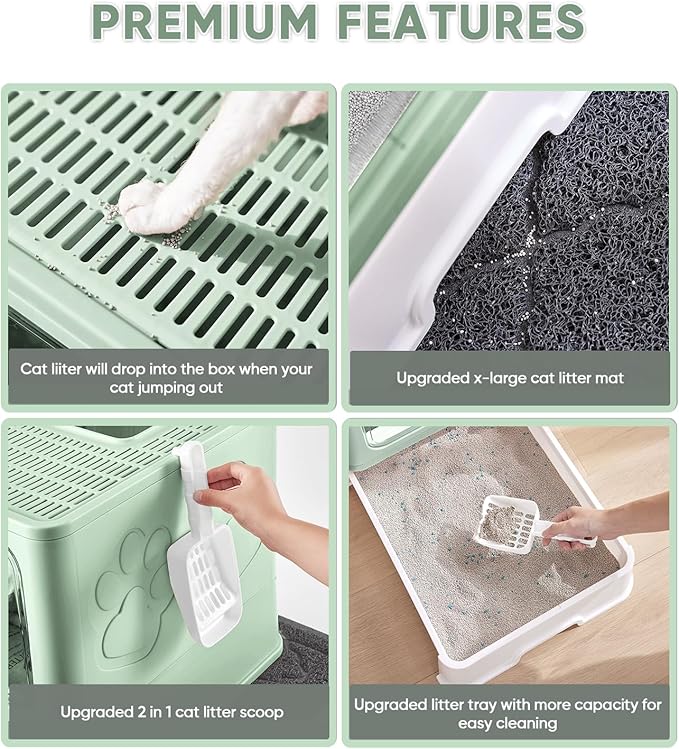 Cat Litter Box with X-Large Litter Mat and Scoop, Large Foldable Litter Box with Lid, Enclosed Kitty Box,Front Top Entry Exit, Odor Control Easy to Clean (Upgrade Green)-PawvioPets