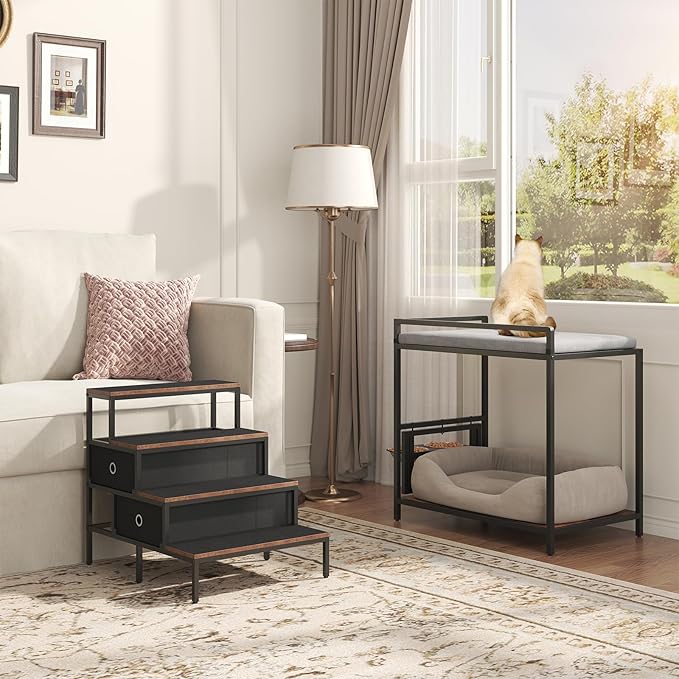 Dog Window Perch with 360° & Adjustable Raised Feeder, Pet Bunk Bed with Removable Stair and 2 Drawers, Elevated Platform Bed, Pet Elevated Seat with Cushion, Paw-Friendly Ladder-PawvioPets