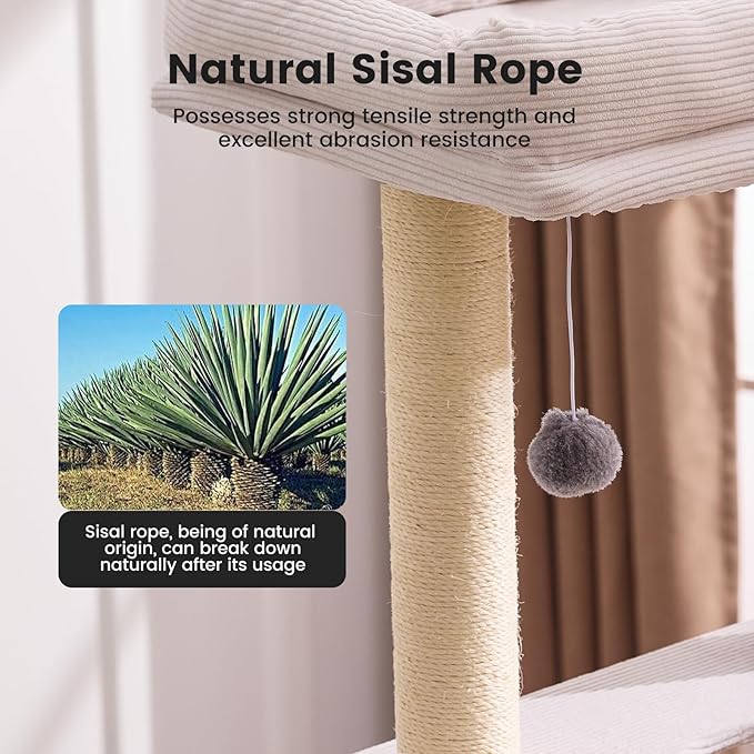 Gardner Pet 65in Heavy Duty Cat Tree Tower for Large Cats, Multi-Level Cat Furniture with Replaceable Sisal Scratching Post, Hammock | Extra-Large Platform & Condo Easy to Clean (Corduroy)-PawvioPets