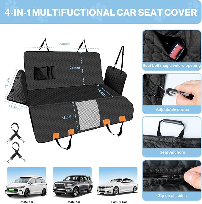 Dog Car Seat Cover for Back Seat, Waterproof Protector with Side Flaps, Scratchproof Hammock, Non-Slip Bottom for Cars/Trucks/SUVs (Black02)-PawvioPets