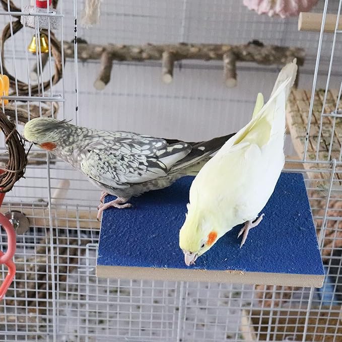 7.9×5.9 Inches Large Bird Perch Stand Platform, Natural Wooden Bird Cage Accessories, Bird Stand Perch with Rough Quartz Sand Surface for Parrot, Parakeet, Budgies, Cockatiel, Rats-PawvioPets