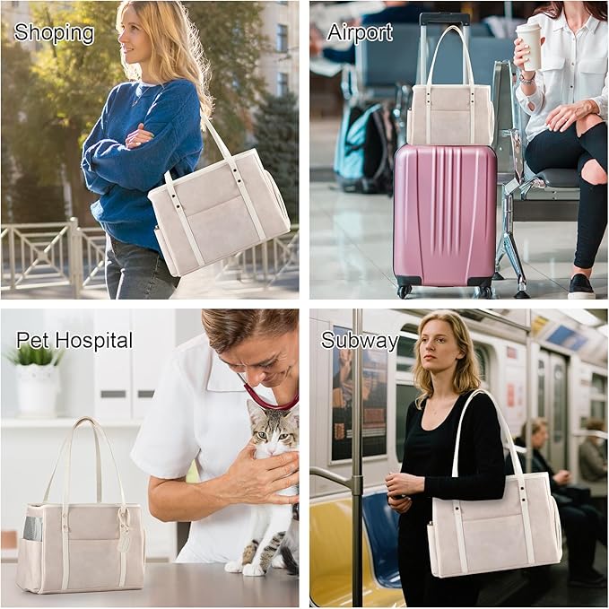Fashion Dog Carrier Purse, Premium Leather Cat Carrier Bag, Airline Approved Soft Sided Pet Travel Tote Bag with Pockets Beige-PawvioPets