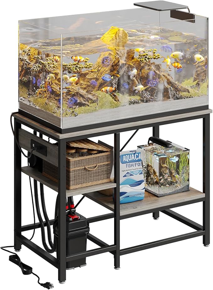 40-50 Gallon Fish Tank Stand with Charging Station, 36x19 Metal Aquarium Stand with 3-Tiers Adjustable Storage Shelves, 6-Legs Reptile Terrarium Stand, 660 LBs-PawvioPets