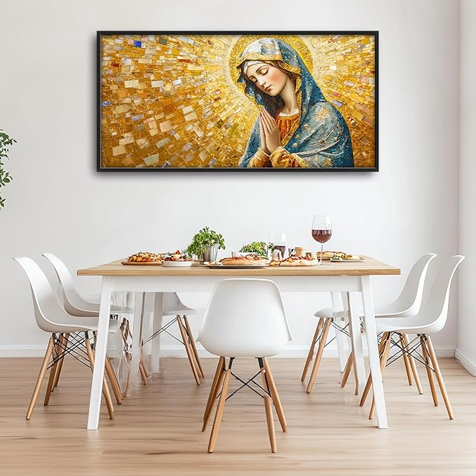 Extra Large Virgin Mary Framed Wall Art for Living Room,Oversized Golden Christian Religious Pictures Wall Decor,Canvas Print Painting Modern Artwork Bedroom Office Bathroom 60L" x 30W"-PawvioPets