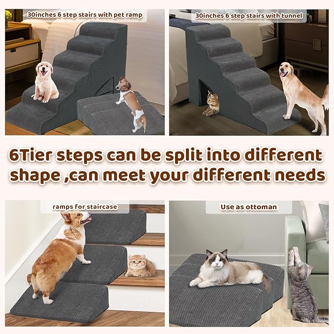 Dog Stairs & Steps Ramps for High Beds 30 inches High Tall, LitaiL 6 Step Pet Stairs Steps for Small Large Dogs, Non-Slip Dog Ramps with 3 Pack Ramps for Staircase-PawvioPets