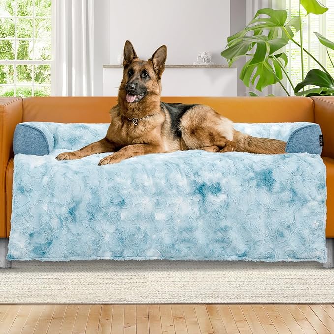 Calming Extra Large Dog Couch Bed for Dogs, 45 x 37 inch Waterproof Removable Pet Mat Couch Cover for Furniture Protector, Non-Slip Fluffy Pelsbarn Dog Bed for Couch, Sofa, Car - Tie-Dye Blue-PawvioPets