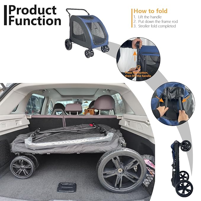 Extra Large Dog Stroller for Medium & Large Pets - Foldable Design, Adjustable Handle, Up to 130 lbs(Red)-PawvioPets