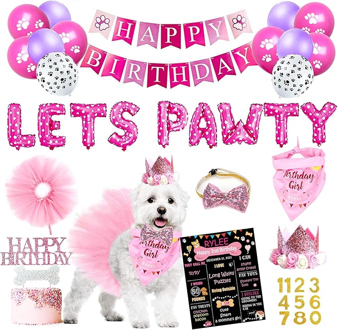 Dog Birthday Party Supplies, Pink Dog Birthday Decorations, Lets Pawty Balloons Banner Hat Bandana Tutu Skirt Outfit for Small Medium Dogs-PawvioPets