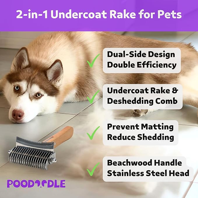 2 in 1 Undercoat Rake for Dogs and Cats, Professional Grooming Brush Dematting & Shedding Comb to Remove Loose Hair, Matted Fur Efficiently, Perfect for Poodle, Doodle & All Long Haired Pets-PawvioPets
