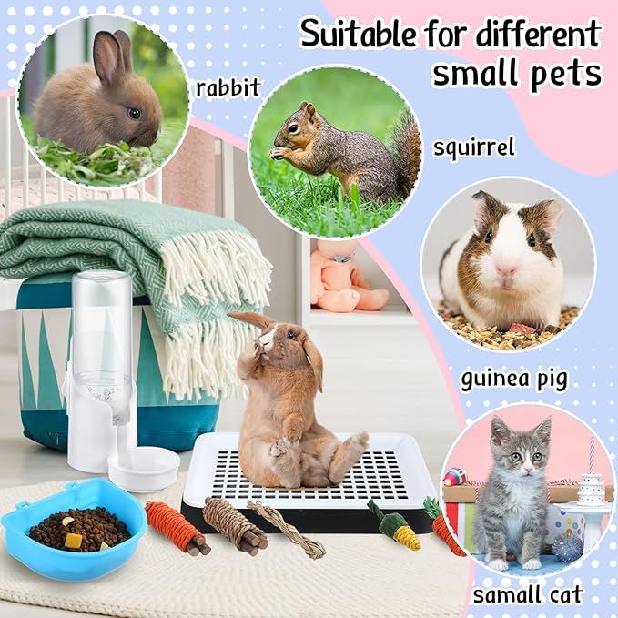 19 Pcs Rabbit Starter Kit Small Bunny Litter Box Rabbit Grooming Kit Water Bottle Bunny Toys Hay Feeder Bowl Blankets with Cleaning Set for Guinea Pig Accessories(Black,Cloud)-PawvioPets