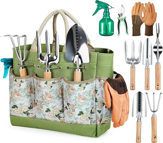 Gardening Tools 9-Piece Heavy Duty Gardening Hand Tools with Fashion and Durable Garden Tools Organizer Handbag,Rust-Proof Garden Tool Set, Ideal Gardening Gifts for Women-PawvioPets