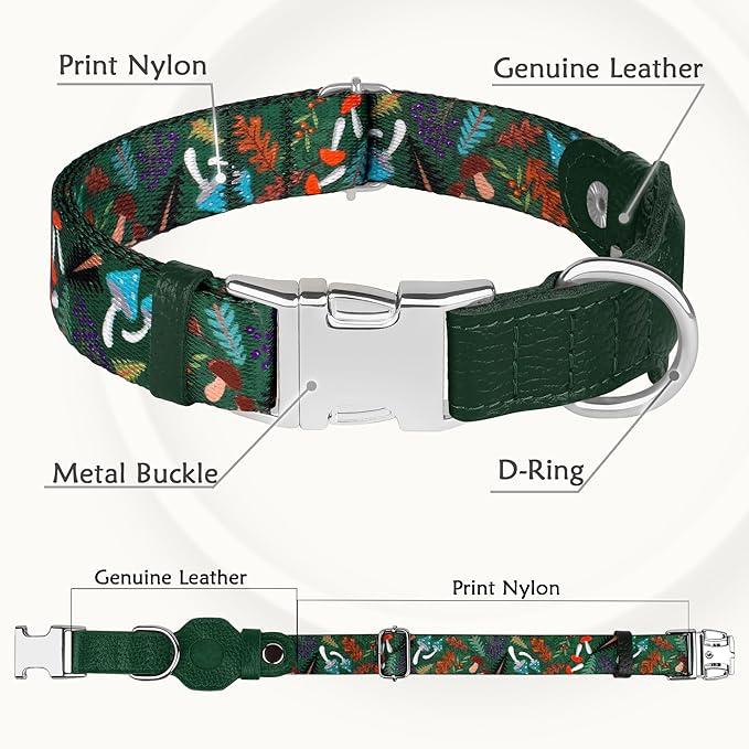 AirTag Dog Collar for Small Medium Large Breed - Adjustable Cute Pattern Dog Collar with Airtag Holder - Soft Leather Tracker GPS Apple Air Tag Pet Collars (Medium, 14"-18" Neck Fit, Mushroom)-PawvioPets