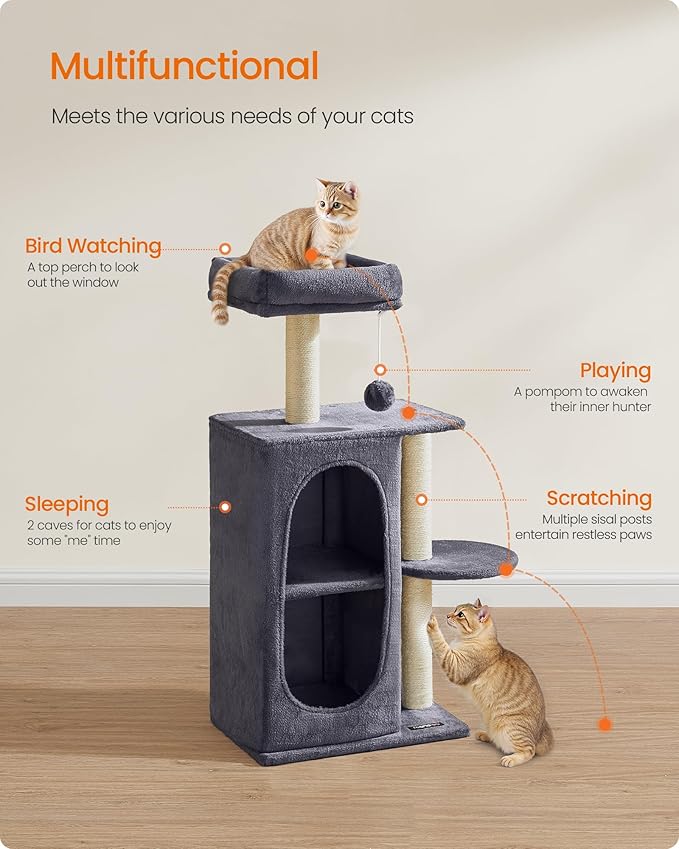 Feandrea Cat Tree Tower with 2 Caves for Multi-Cat Households, Kittens, Scratching Posts, Dark Gray UPCT005G02-PawvioPets