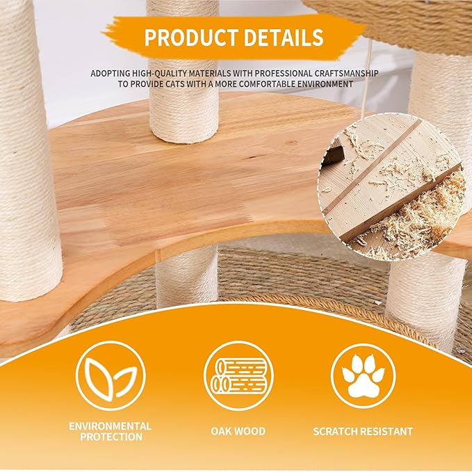 54" Modern Cat Tree Tower for Indoor Cats, Oak Cat Scratching Tree for Multiple Large Cats, Manual Hand Woven Luxury Cat Condo, Unique High-end Design Cat Furniture Activity Centre, Easy Clean-PawvioPets