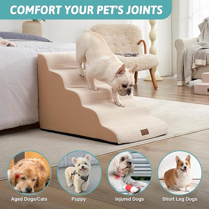 Extra Wide Dog Stairs 19.7" Width, Pet Step for Small Medium/Large Dog, Puppy or Cat, Pet Ramp for High Bed or Car, High Density Foam Ladder, Stable, 5 Step, 19.7x33x22.4 in, Beige-PawvioPets