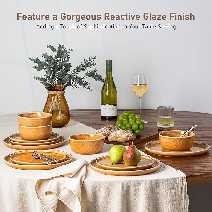 GBHOME Ceramic Dinnerware Sets for 4, 12 Pieces Stoneware Plates and Bowls Sets, Scratch Resistant Dishes, Dishwasher & Microwave Safe, Reactive Glaze-Amber-PawvioPets