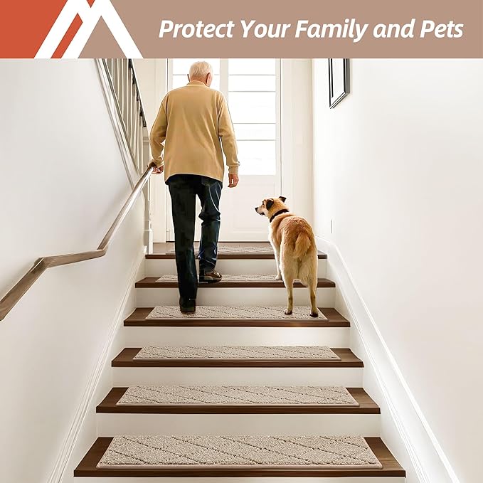 COSY HOMEER Edging Stair Treads Non-Slip Carpet Mat 28inX9in Indoor Stair Runners for Wooden Steps, Edging Stair Rugs for Kids and Dogs, 100% Polyester TPE Backing (10pc, Beige)-PawvioPets