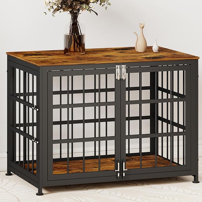32 Inch Heavy Duty Wooden Dog Kennel End Table with Double Door Design and Secure Locks, Indoor Pet Crate Furniture for Medium Dogs, Decorative Home Cage Design,Aged Black-PawvioPets
