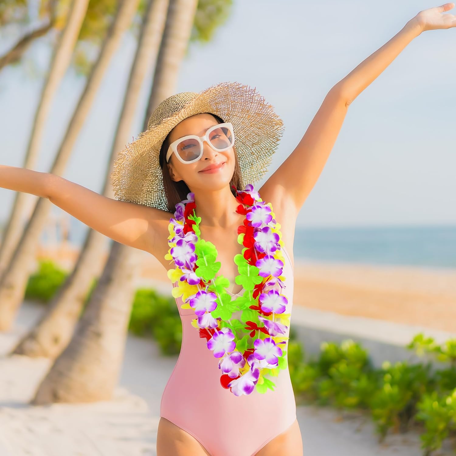 Luau Party Decorations, 36PCS Hawaiian Themed Leis Necklace Costume Accessories, Colorful Hawaiian Leis Tropical Theme Silk Flower Clothing Accessories Bulk, Hawaii Flower Lays Summer Pool Supplies