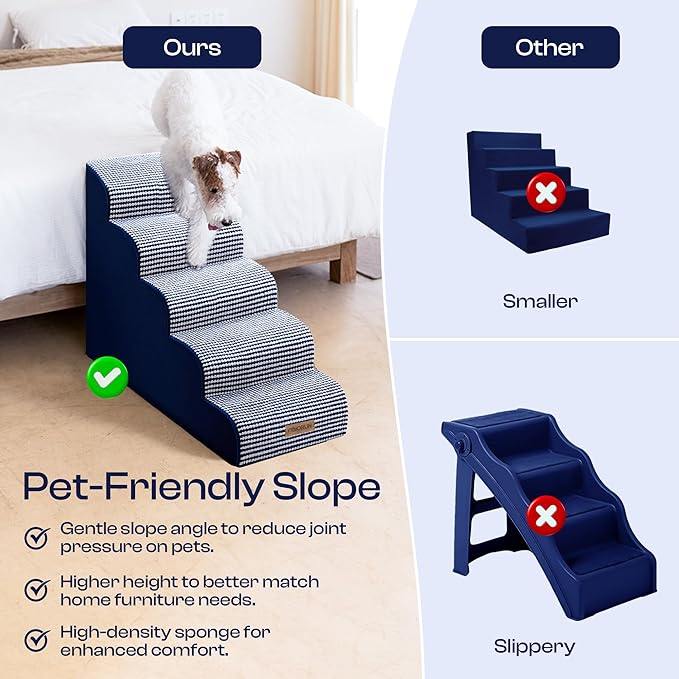 Curved Dog Stairs for High Bed Up to 26", 5-Step Dog Ramp for Small Dogs with Washable Cover, Non-Slip Steps for Cats to Get on Couch and Sofa, Durable Foam Ladder for Medium Breeds, White Navy-PawvioPets