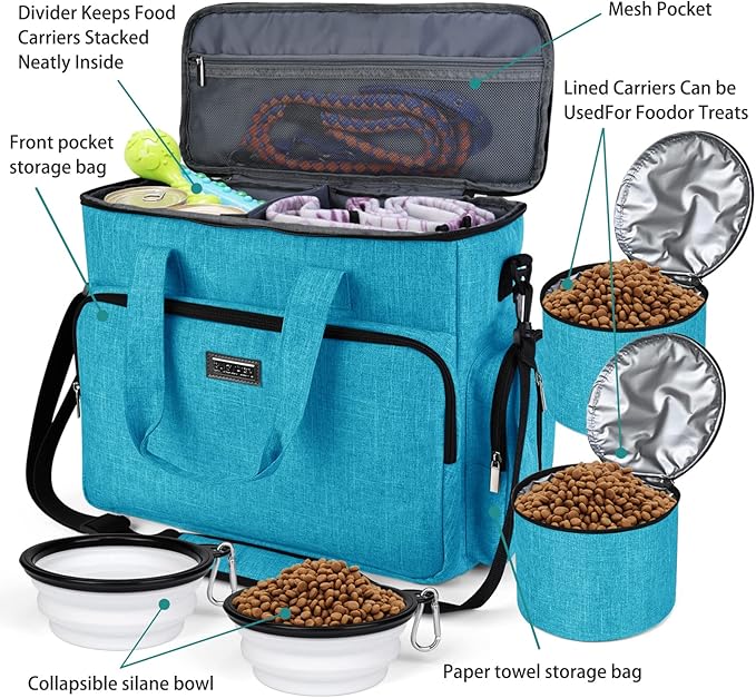 BAGLHER Dog Travel Bag, Pet Travel Bag (ALL Pet Travel Supplies), With 2 Pet Food Containers and 2 Collapsible Silicone Bowls; Essential Kits for Pet Travel Sky Blue-PawvioPets