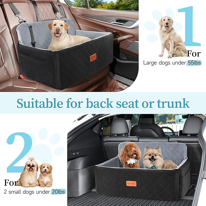 Dog Car Seat for Medium/Large Dogs, Pet Booster Seat for Under 55 lbs or 2 Small Dogs, Detachable & Washable Dog Car Bed for Backseat with 2 Safety Leashes (Black/Grey)-PawvioPets