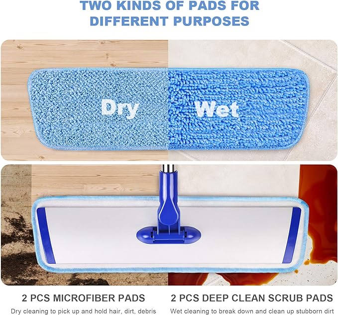 18" Professional Microfiber Mop Floor Cleaning System, Flat Mop with Stainless Steel Handle, 4 Reusable Washable Mop Pads, Wet and Dust Mopping for Hardwood, Vinyl, Laminate, Tile Cleaning-PawvioPets
