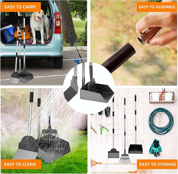 Dog Pooper Scooper, Adjustable Handle Poop Scooper with Tray,Rake and Spade Set of 3, Steel Stainless Poop Scoop for Medium Large Dogs and Pet Waste on Grass, Dirt and Gravel (Large Size)-PawvioPets