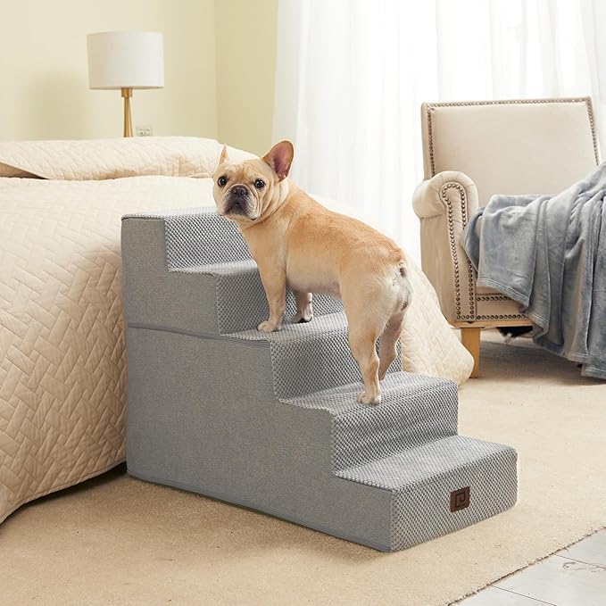 EHEYCIGA Dog Stairs for High Bed 22.5" H, 5-Step Dog Steps for Bed, Pet Steps for Small Dogs and Cats, Non-Slip Balanced Pet Ramp Indoor, Light Grey-PawvioPets