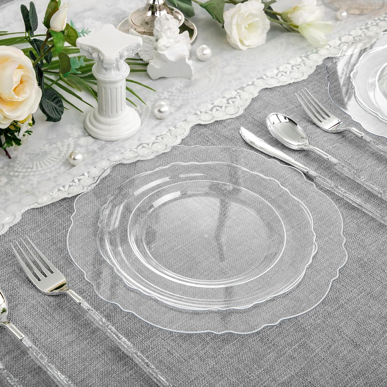 Liacere 150PCS Clear Silver Plastic Plates & Disposable Silver Plastic Silverware with Glitter Bamboo Handle Cutlery-Baroque Clear Disposable Plates for Wedding & Easter day & Mother's Day